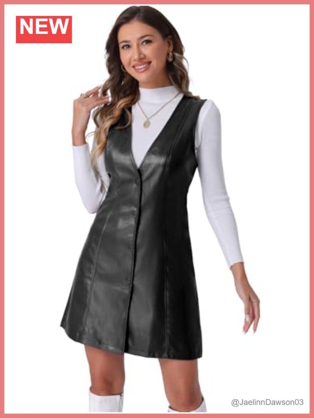 Faux Leather Pinafore Mini Dress Sleeveless V-Neck Button Down Overall